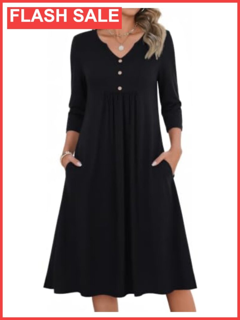 3/4 Sleeve Casual A-Line Midi Dress with Pockets V-Neck Empire Waist
